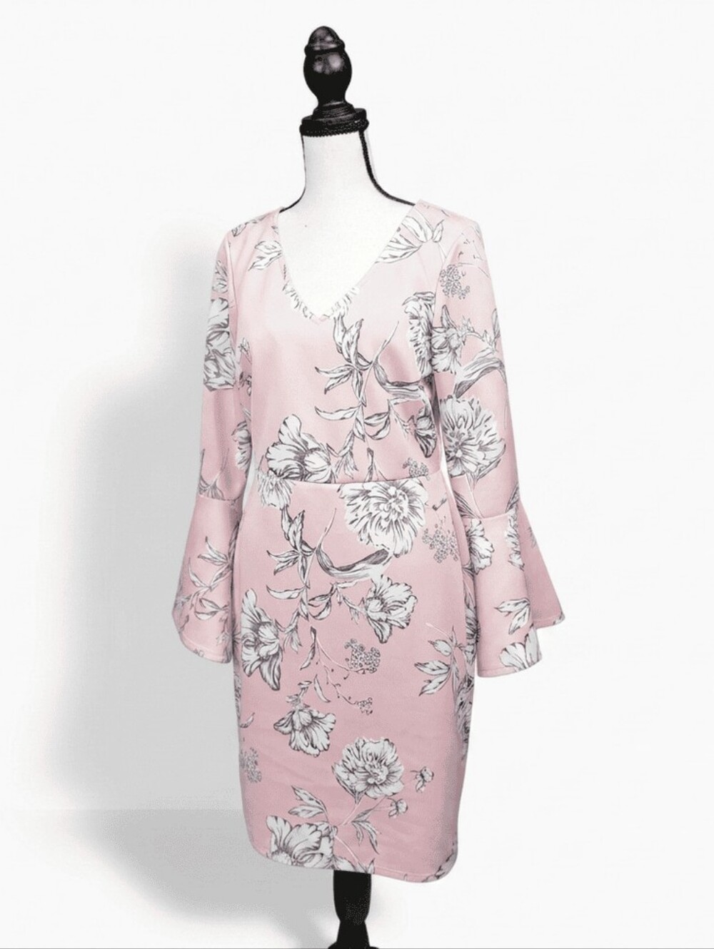 Blush Pink Floral Bell Sleeve Midi Dress Sz M V-Neck Wedding Guest Spring Bridal